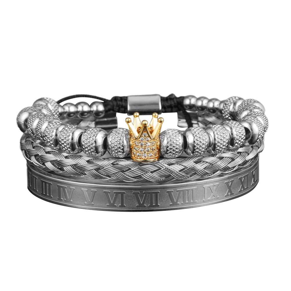 Luxury Micro Pave Crown Bracelets Roman Royal Charm Mens Bracelets Stainless Steel Crystals Bangles Couple Jewelry Gift