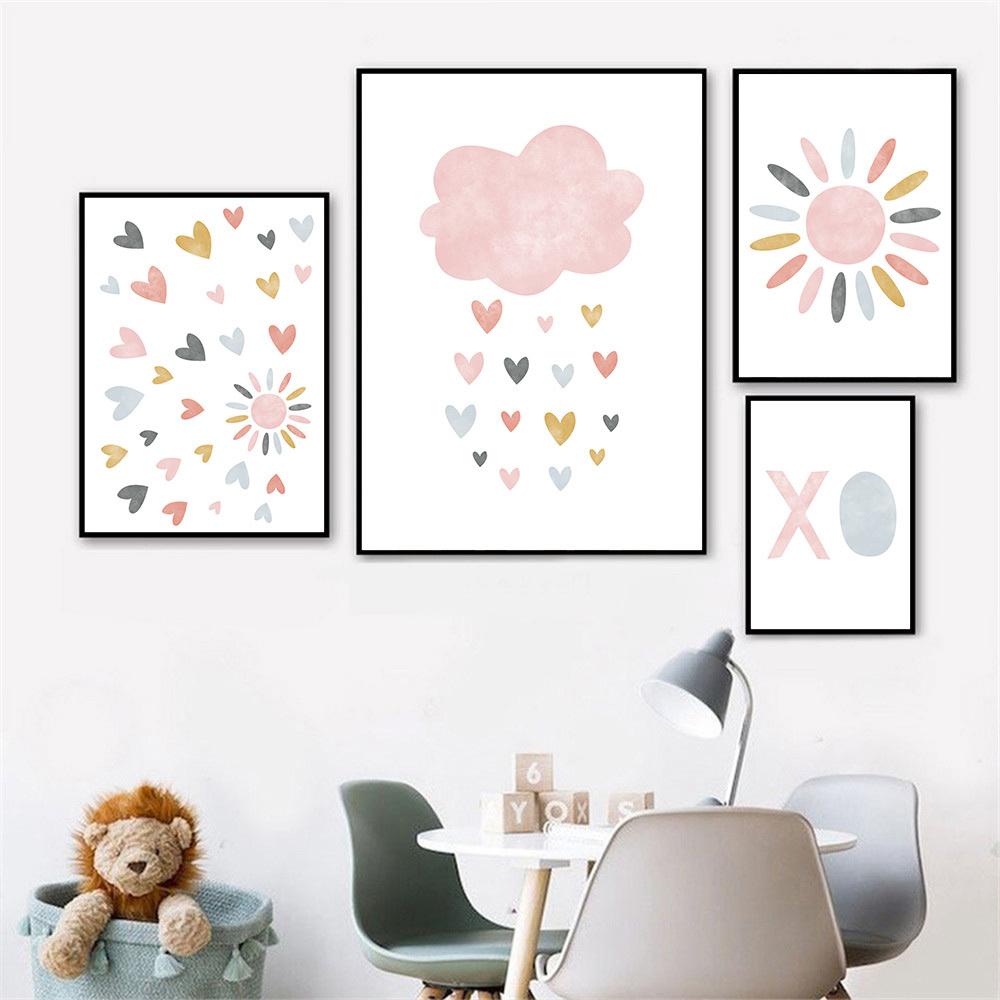 Child Canvas Print Pink Cartoon Cloud Sun Rainbow Wall Art Painting Nursery Poster Nordic Wall Pictures For Baby Kids Room Decor
