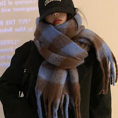 Mohair Cooling Scarf for Women Winter New Versatile Shawl High End Thickened Blue Plaid Scarf