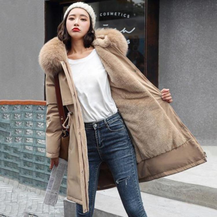 Winter Plus Size Jacket Women Long Sleeve Knee Length Thick Plush Furry Hood Pockets Zipper Button Closure