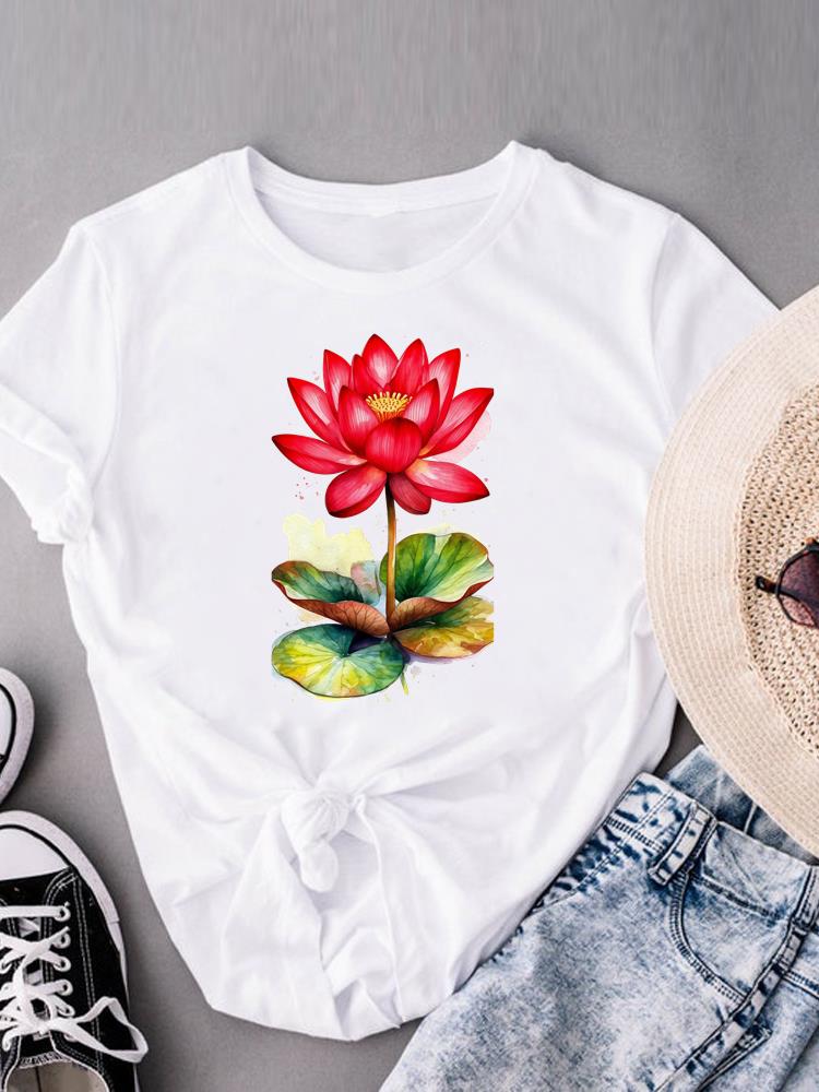 (Asian Size) Casual Women's Top Print flower style trend Short Sleeve T-shirts T Clothing O-neck Fashion Female Graphic Tee