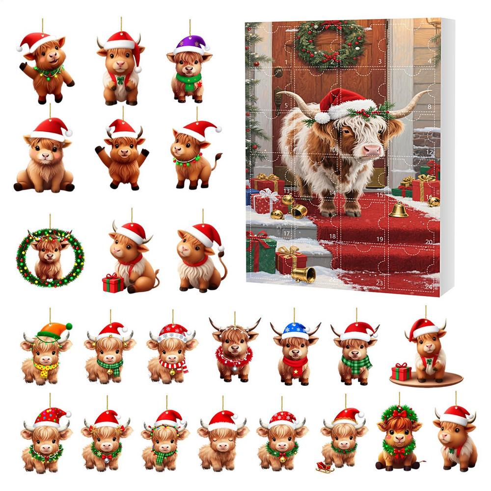 

2025 Christmas Advent Calendar 24 Days Countdown 2D Acrylic Highland Cow Pendant Ornament for Car Home Window Decor Xmas Gift other