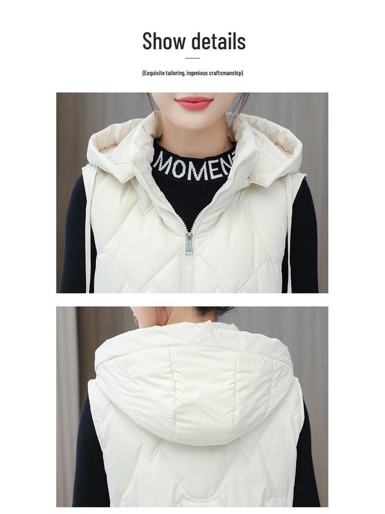 Dámská bavlněná vesta střední délky s kapucí: Módní, Zeštíhlující, V pase stahující, Hřejivé a Větruodolné svrchní oblečení