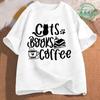 Cats Books and Coffee Fashion Men's Shirt Tops Short Sleeve Tee Shirts Book Reading Tshirt Coffee Lover T-shirt for Men Clothing