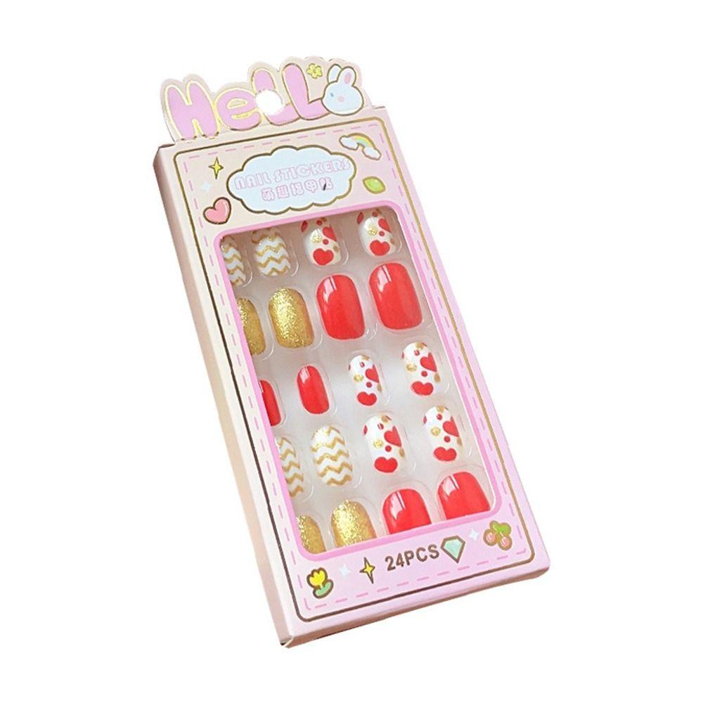 Cute Children Wearing Nails Cherry Love Heart Nail Tips Hot Long Nail Sticker for Girls Students