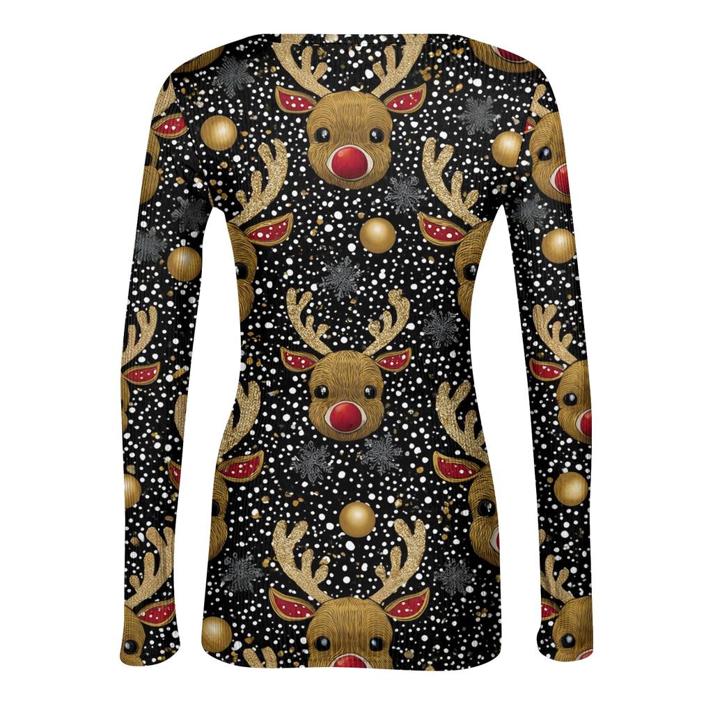 Women's Christmas Print Long Sleeve Round Neck Ribbed Knit Top