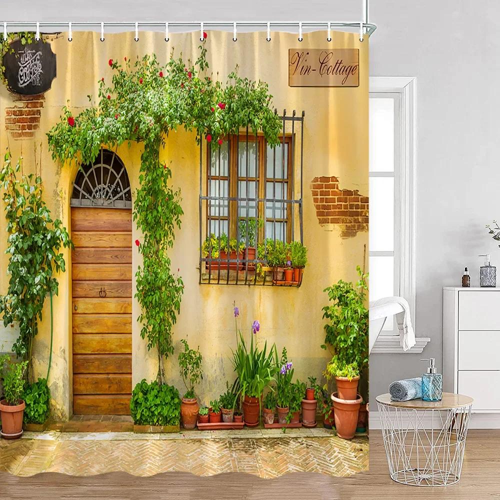 Vintage European Style Street View Shower Curtain Street View Old Stone Wall Plant Bathroom Curtain Bath Decoration