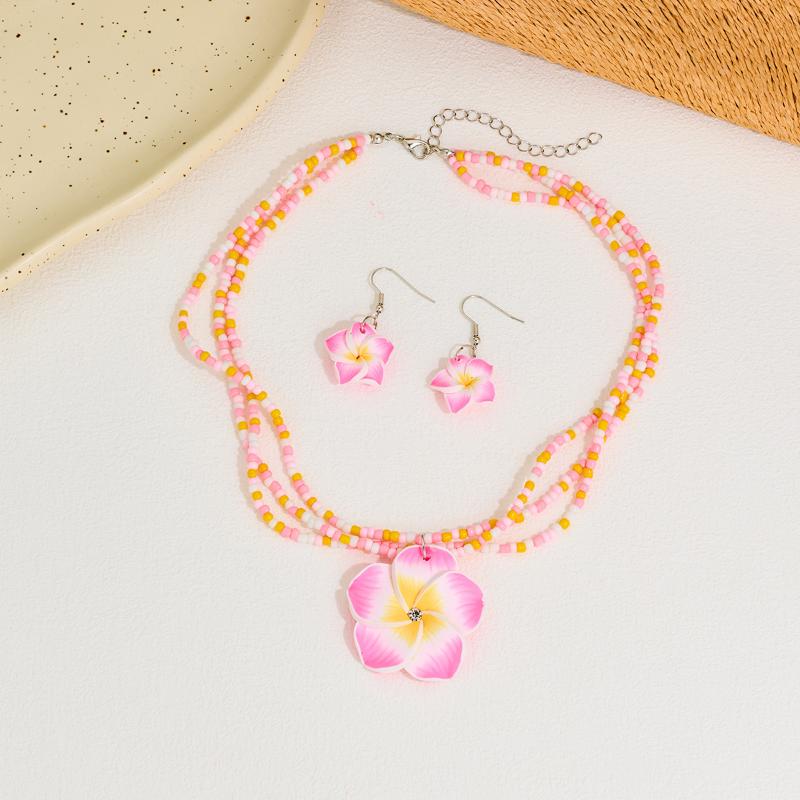Polymer Clay Flowerwomen Jewelry Set Cute  Seaside Beach Colorful Flower Earrings Girls Sweet Beaded Chain Necklace Girl