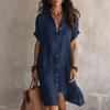 2026 European and American new shirt skirt fashionable and casual solid color short-sleeved button medium and long dress