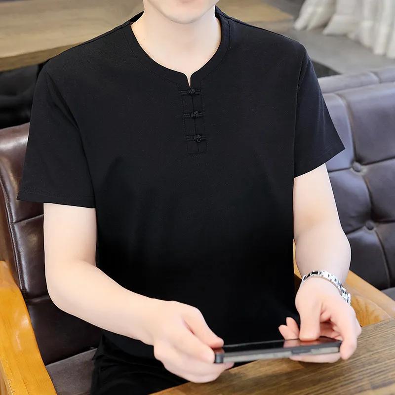 Chinese Style Men's Short Sleeve Tshirts Summer Men Thin Tang Costume Cotton Shirts Youth Fashion V Neck T-Shirt Male Tops Tees