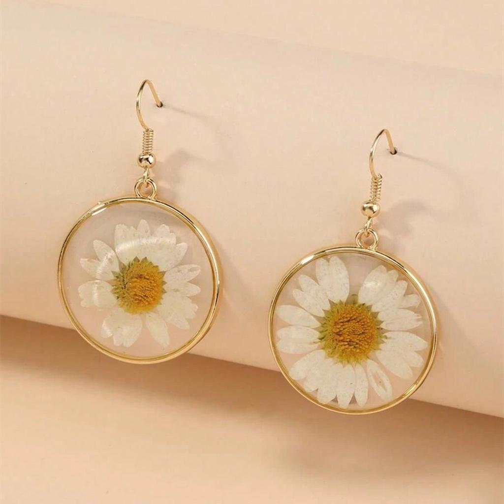 1Pair White Daisy Floral Pattern Drop Earrings, Bohemian Style Dried Flower Round Circle Dangle Sunflower Pressed Earrings