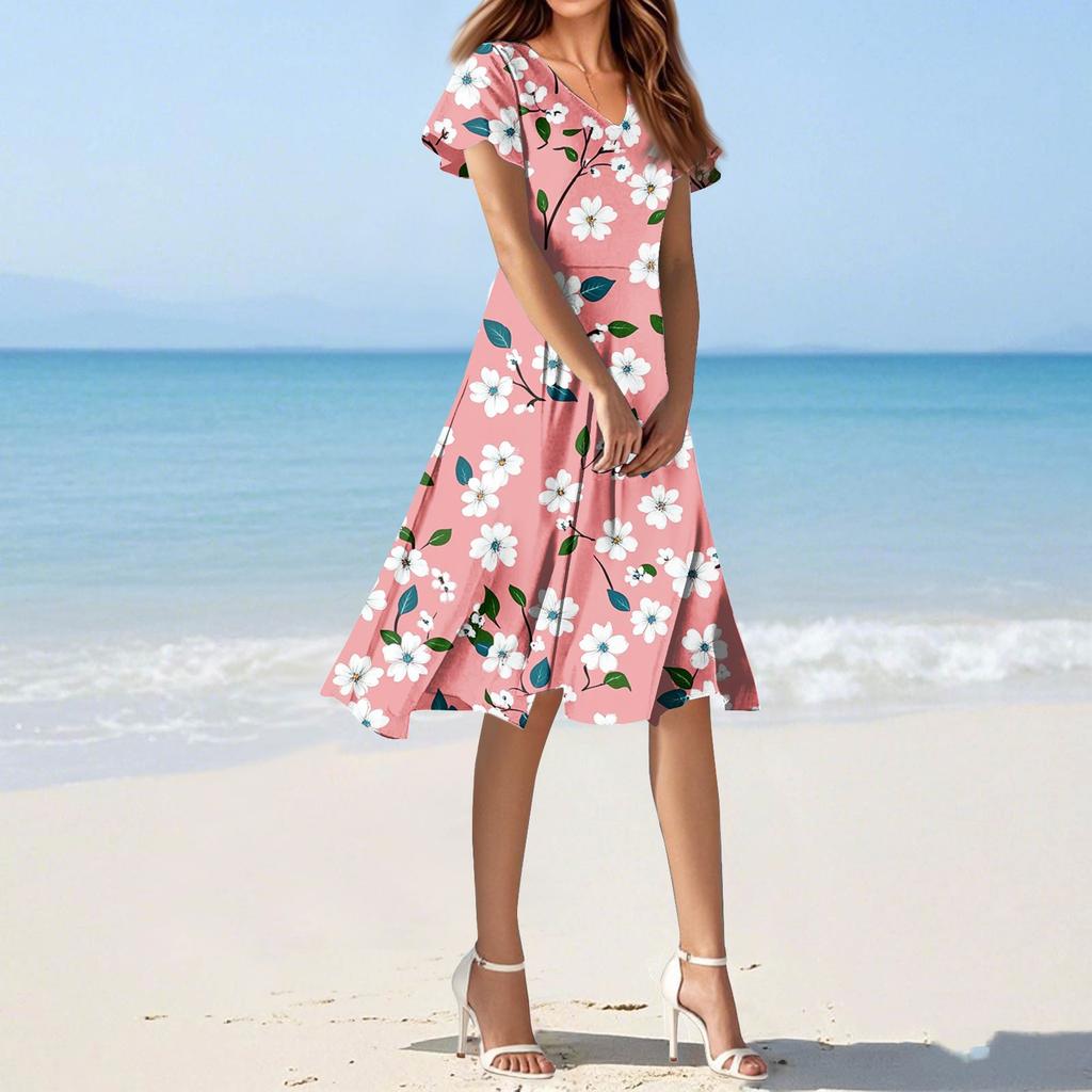 Dámské letní ležérní módní květinové tiskové šaty s výstřihem do V a krátkým rukávem, krátká sukně