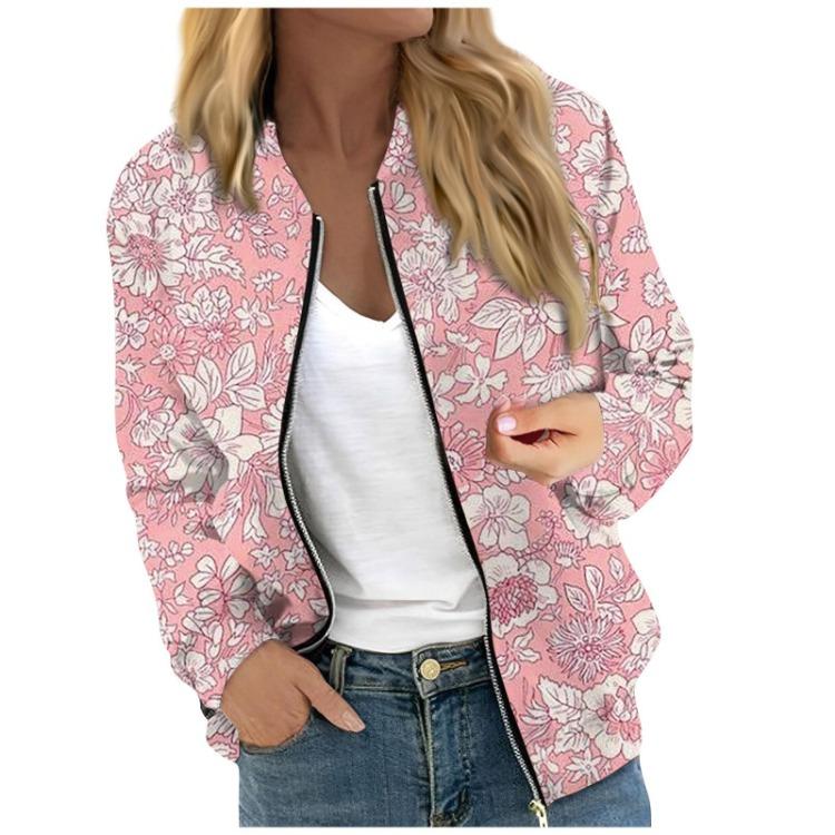Women Floral Leaf Print Casual Long Sleeve Zipper Jacket Round Neck Fashionable