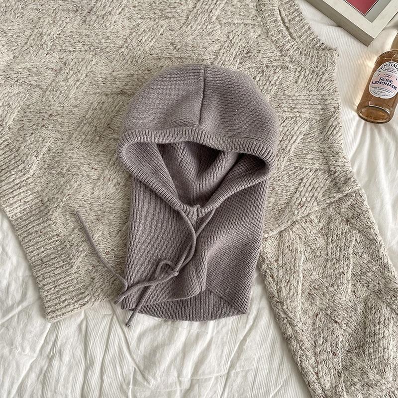 

Knitted Hooded Caps Winter Balaclava Hats Women Korean Style Outdoor Warmer Drawstring Hats One-Piece Neck Collar Beanies Cap as the picture