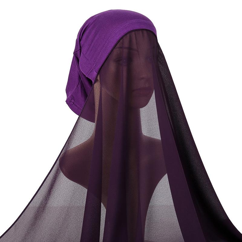 Bubblig Tung Chiffong Hijab Med Hätta Elastisk Snöre Fri Användning Stil Hijabs Enfärgad Sjal För Muslimer Håltagningfri Turban