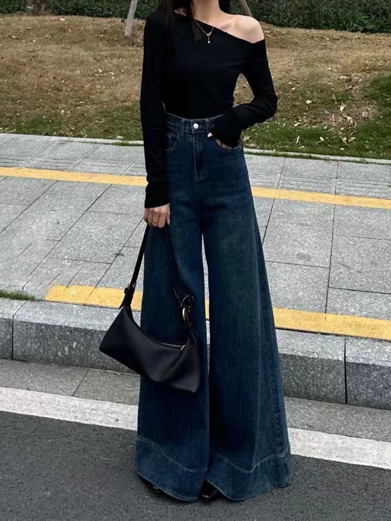 

Женские джинсы темно-синего цвета с высокой талией и широкими штанинами в стиле ретро 2024 года — свободные, облегающие, длиной до пола в корейском стиле 3XL