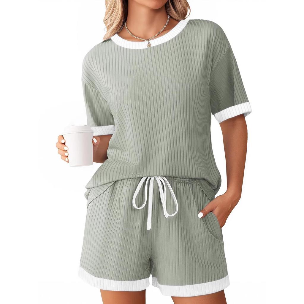 2026 Summer Women's Two-Tone Ribbed Short Sleeve Loungewear Set