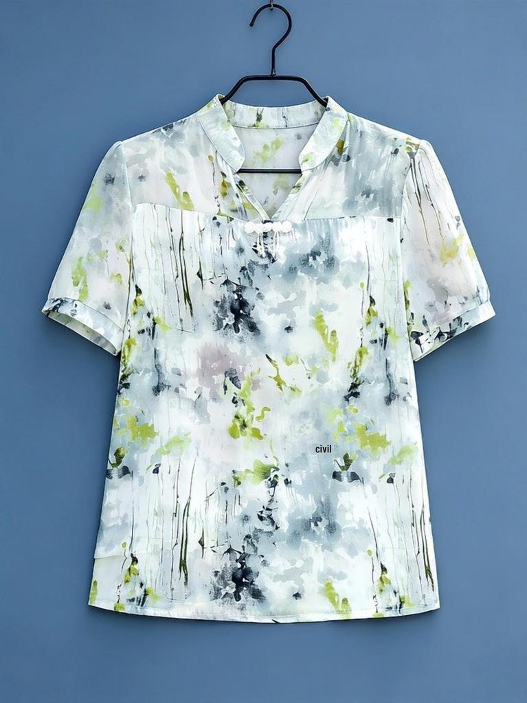 Chic Chiffon Printed Short-Sleeve Top for Women