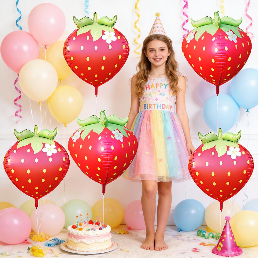4D Fat Version of Strawberry, Matte Red, 6 Pieces, Strawberry Aluminum Foil Balloons, Suitable for Birthday Party Decoration, Strawberry Themed 