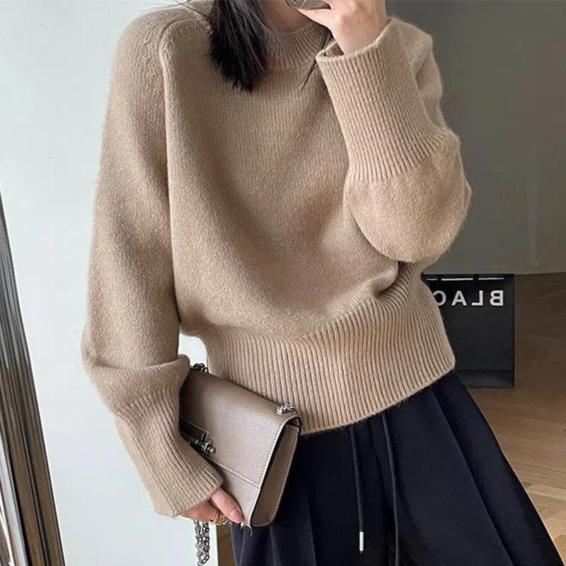 Autumn Winter Round Neck Simple Fashion All-match Knitting Top Women Casual All-match Solid Pullover Sweater