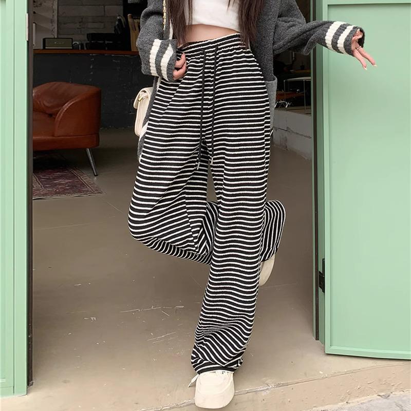 Petite Fleece-Lined Black & White Striped High-Waist Wide-Leg Pants for Women - Autumn/Winter