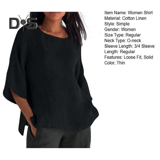Women Shirt 3/4 Sleeve Casual Crew Neck Solid Color Pullover Tops Loose Fit Vacation Blouse Daily Wear