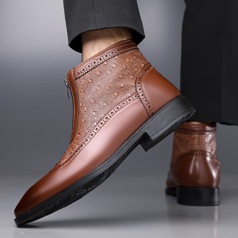 2026 Men's Business Casual Ankle Boots - Genuine Leather with Side Zipper&Brogue Perforations, Breathable Lining for Urban Style