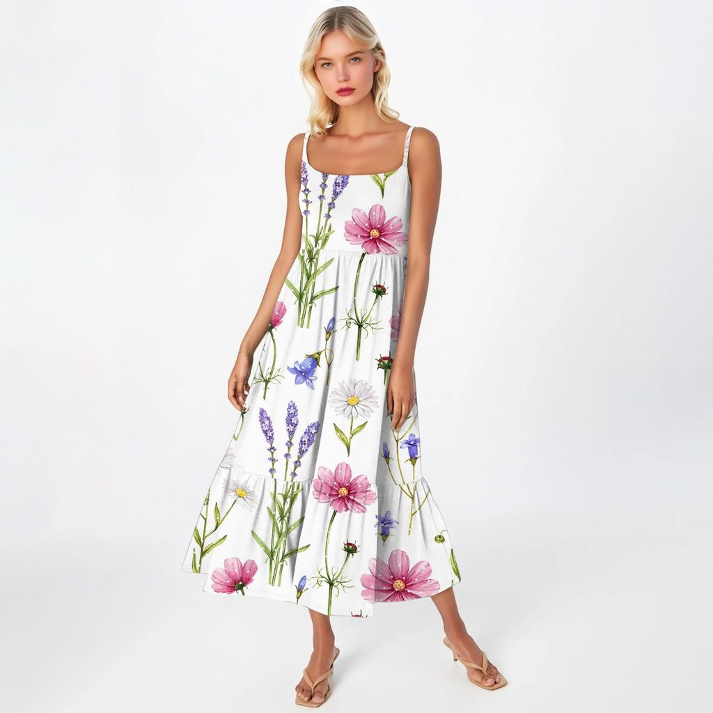 Damen Long Beach Casual Elegant Spaghettiträger Maxikleid Floral Low-Key Fließendes Bohemian Kleid