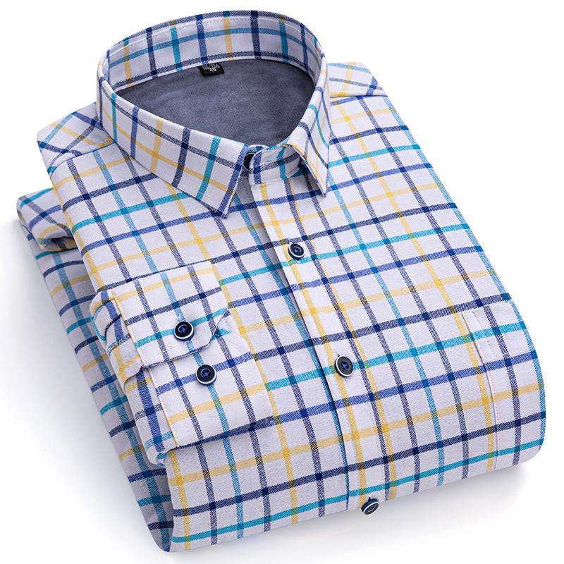 Winter Thermal Shirts Long Sleeve for Men 2 Layers Cotton Oxford Easy Care Warm Male Plaid Shirts Casual Business