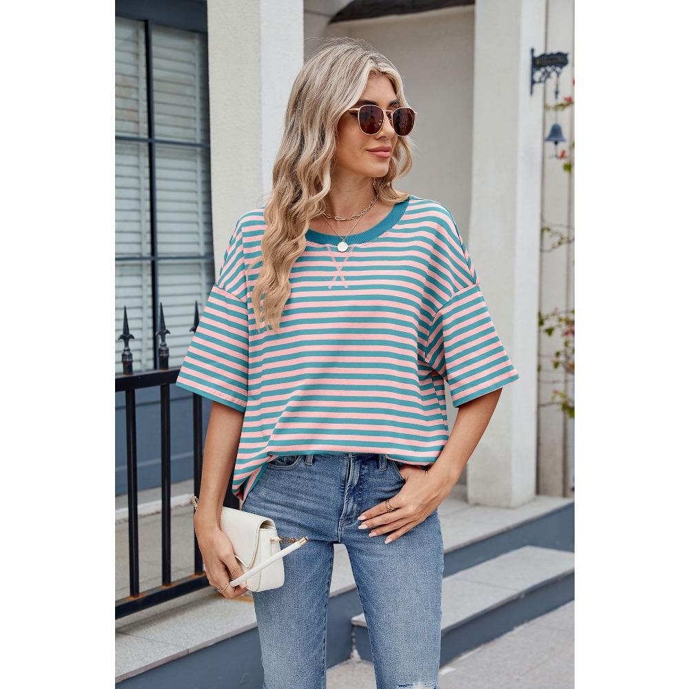 Frühling und Sommer Neues Damen Gestreiftes Kontrast-Lose Kurzarm-T-Shirt