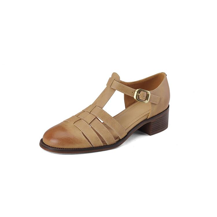 Fashion 2025 New Summer Sandals Split Leather French Retro Woman Shoes Chunky Heel Round Toe Sandals Shoes Handmade Casual Women Pumps