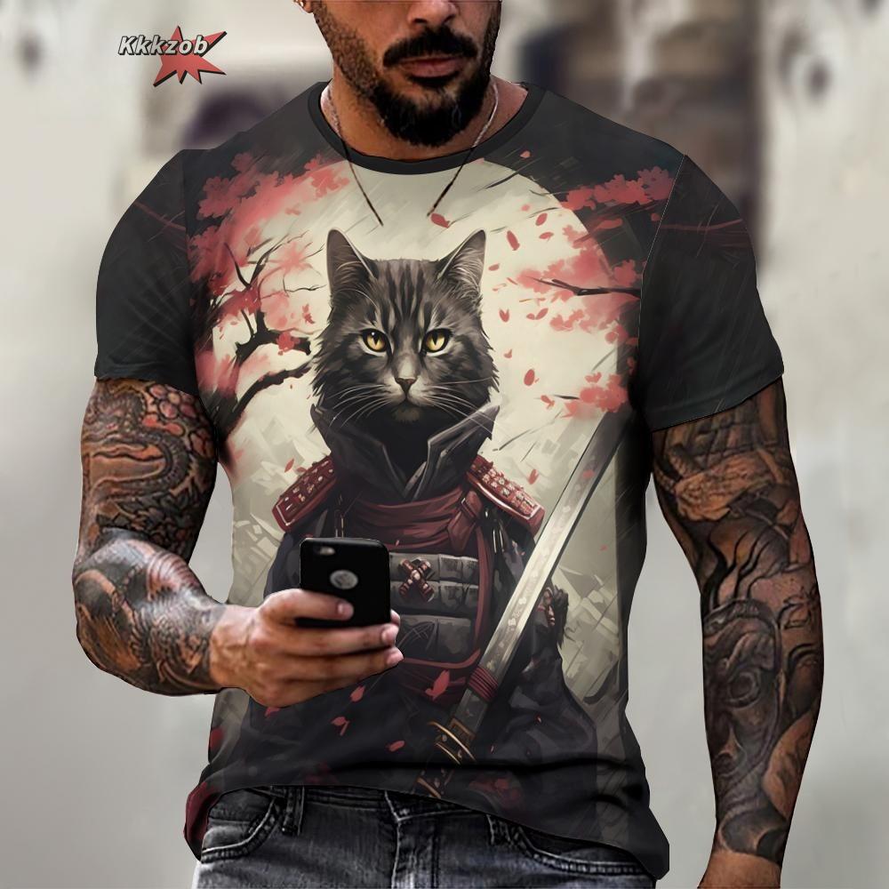 Animal Warrior Cat Print Short Sleeve Pattern Men's T-shirt 3D T-shirt Harajuku Tops Fun O Neck Pullover Summer Men's Casual Clo