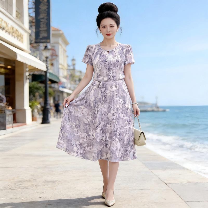 

Elegant Chiffon Dress - 2026 New Style for Middle-Aged & Elderly Women, Short-Sleeved, Tie-Waist, Printed Skirt XL (80-95 lbs) фіолетовий