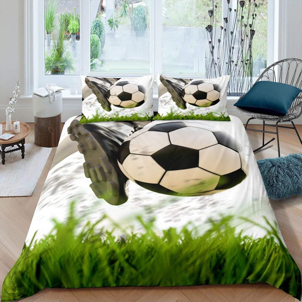 Cartoon Soccer Duvet Cover Set Printed Football Bedding Sets For Kids Boys Girls Bedroom Decor Sports Theme Comforter Cover Set