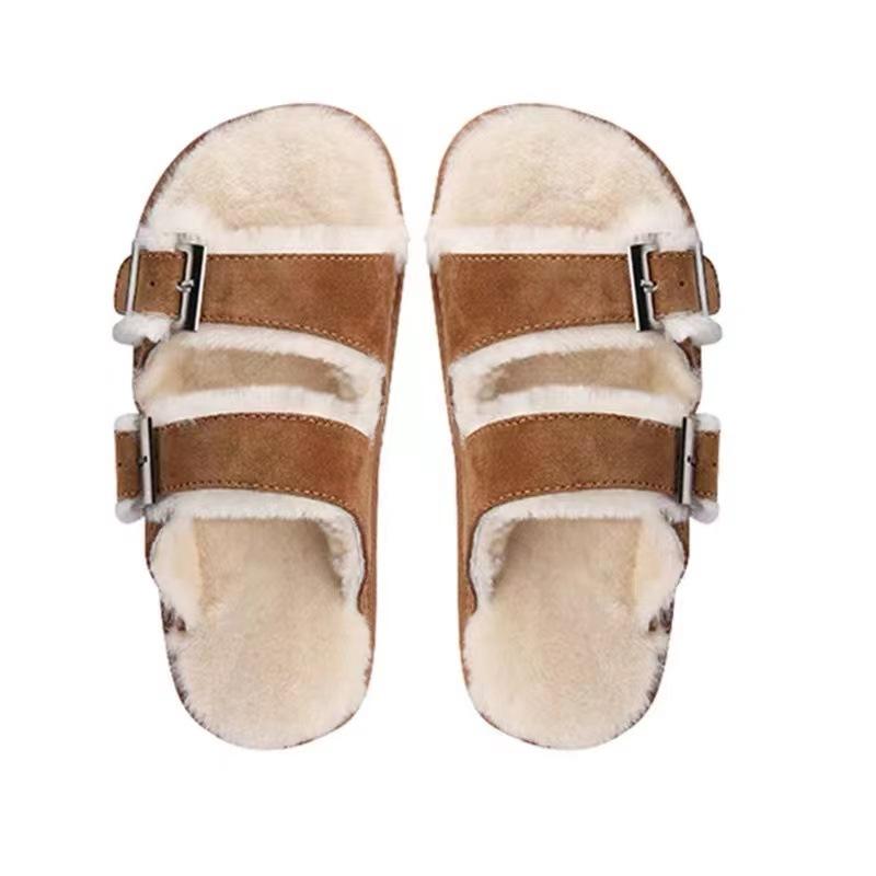 Fashion 2025 Belt Buckle Wool Slippers Women Faux Suede Shoes Winter Furry Slides Female Flats Casual Slip On Lambswool Pantuflas Home