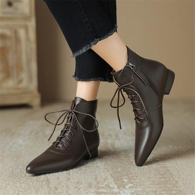 Mode 2025 Nouvelles Bottes d'Hiver pour Femmes en Cuir Véritable Bout Pointu Bottes à Talons Épais pour Femmes Talons Bas Bottines Chaussures pour Dames Concises