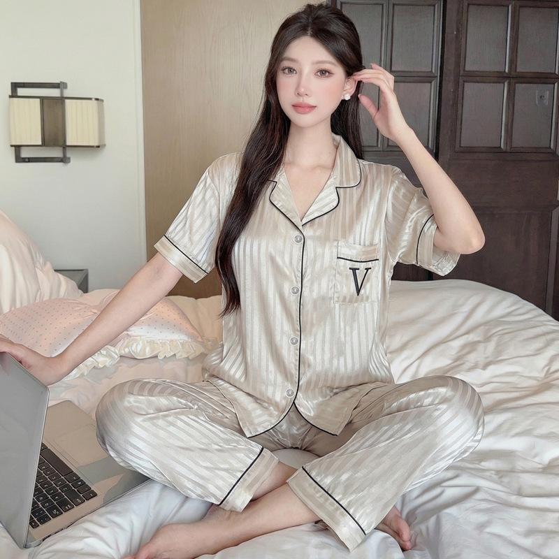 Sweet Wind Flower Ice Silk Women'S Thin Short-Sleeved Pajamas Lapel Trousers Set Cool Loungewear