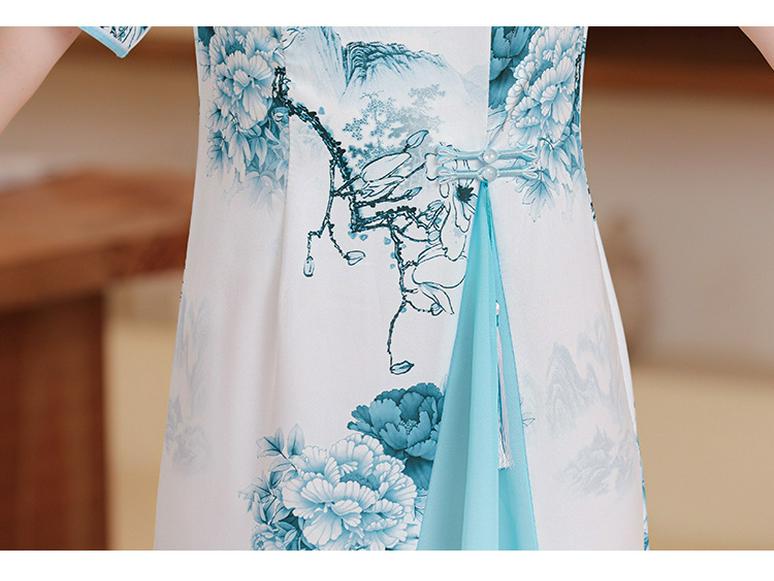 2025 Retro Chinese National Style Ao Dai Print Cheongsam Dress: Short Sleeve, Long Design for Women