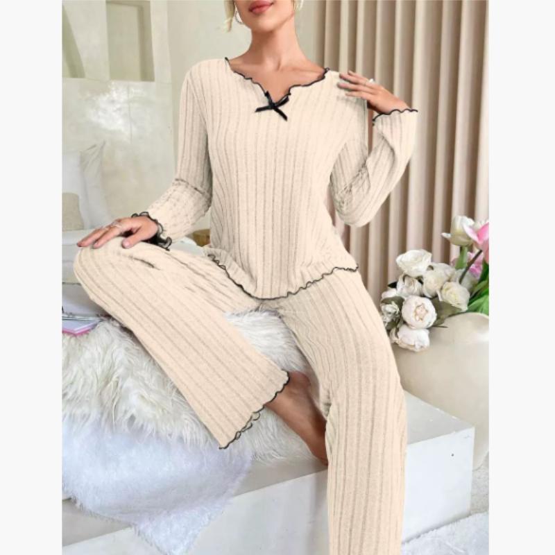 

Женская одежда для сна осень-зима, ребристый пижамный комплект, топ с длинными рукавами и длинные брюки, комплект из 2 предметов, повседневная домашняя одежда, одежда для отдыха S бежевый