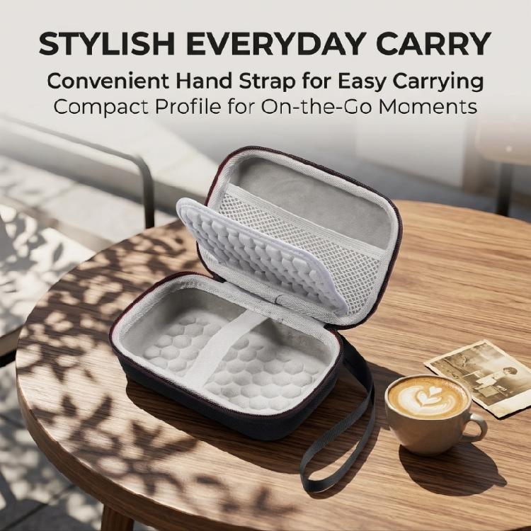 Lid Compartment Portable Photo Printer Box with Interior Device Retainer, Padded Panel, Black Exterior, Hand Carry Grip and Separate Accessory Storage