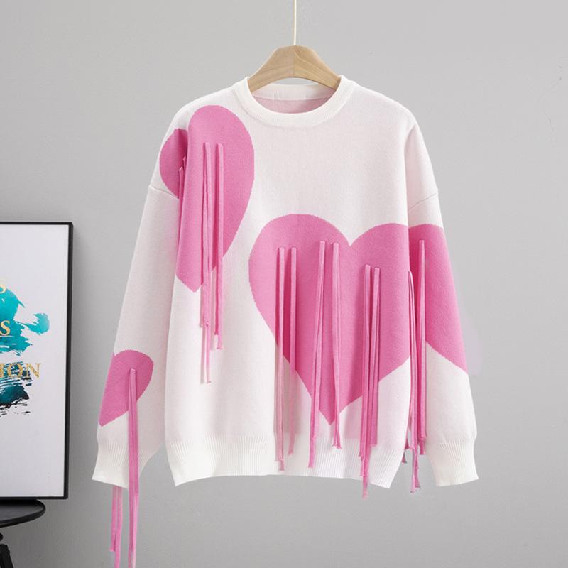 Soft Waxy Sweater Women's Autumn and Winter Soft Round Neck Fringed Love Loose Lazy Style Fashion Knitted Sweater Top Tide