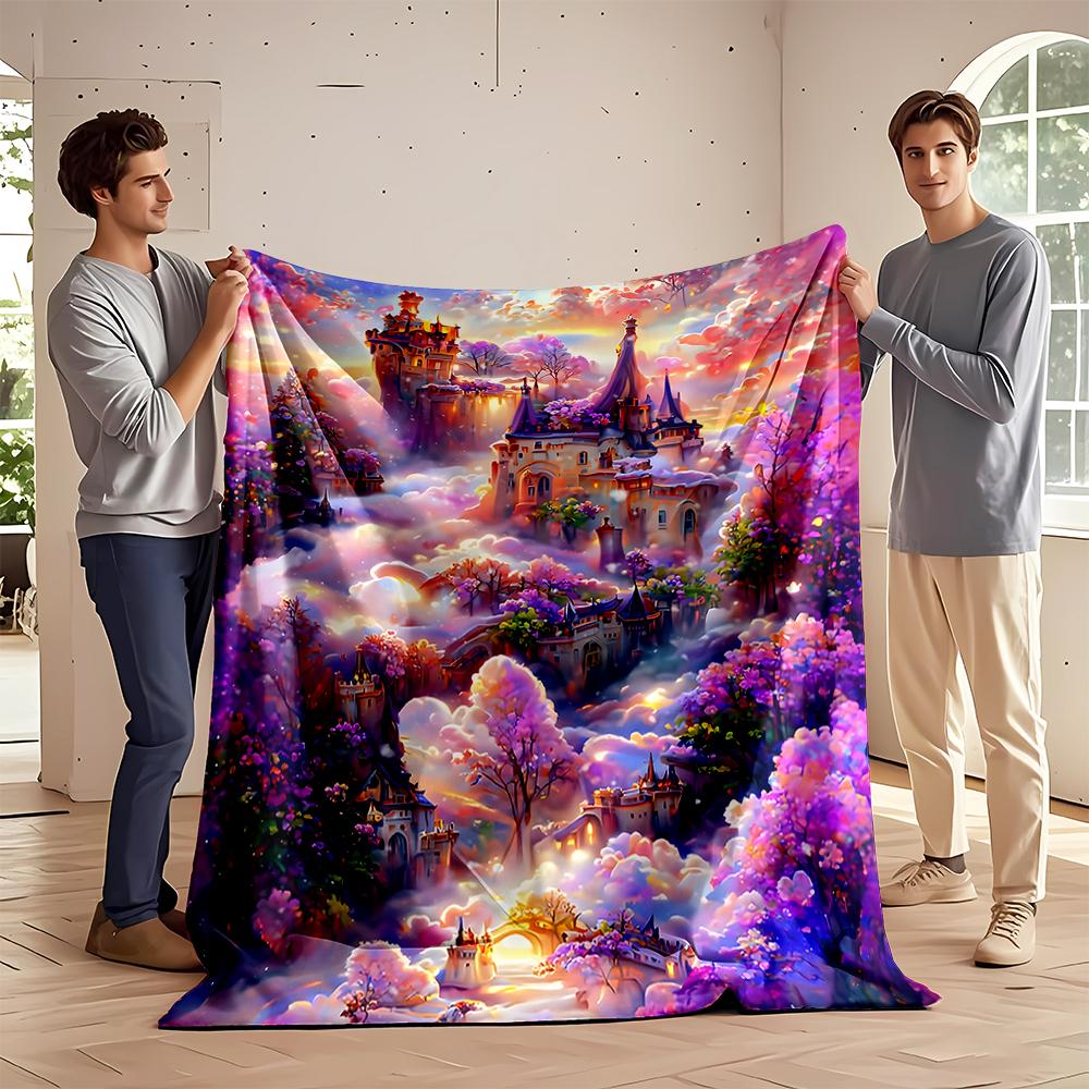 Fantasy Castle In Colorful Cloudscape Flannel Blanket for Bedroom, Living Room, Sofa, and Nap Sofas