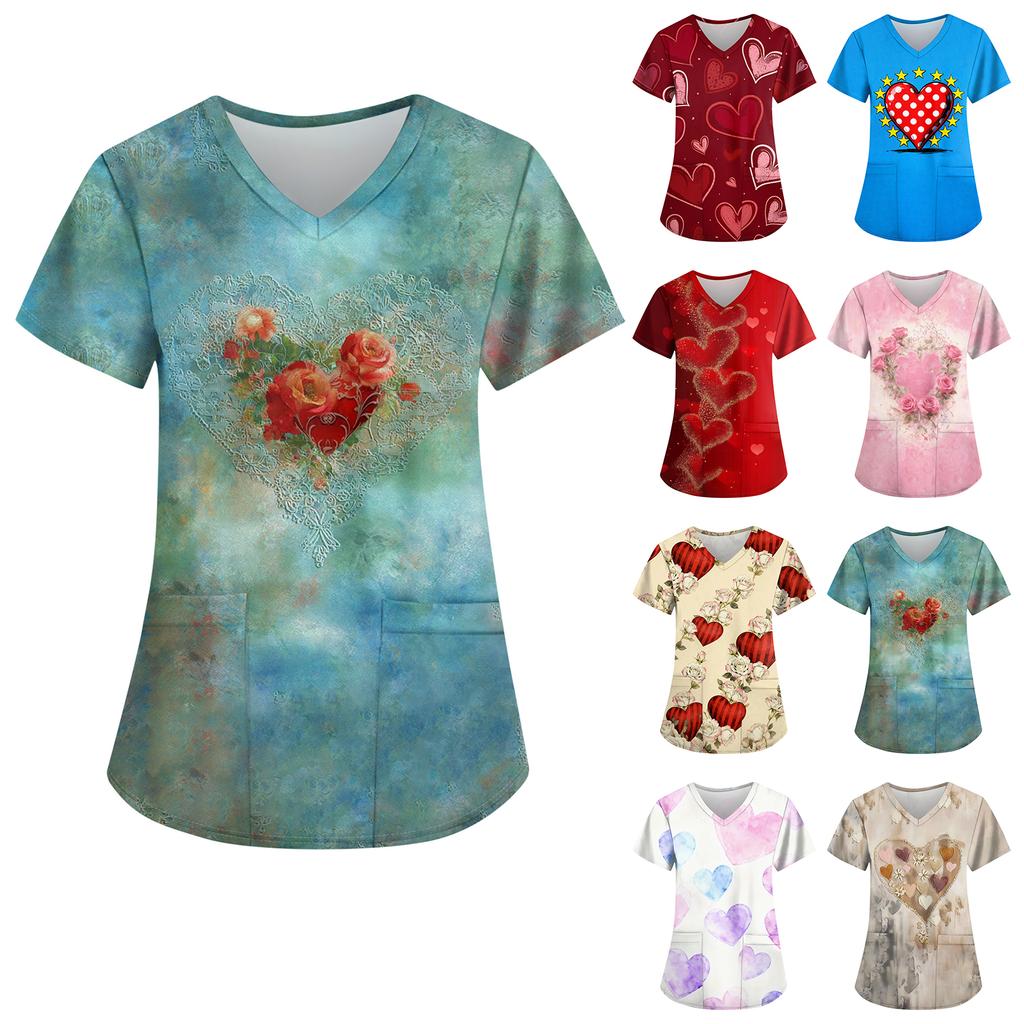 Women's Fashion Printed Short Sleeve V Neck Pattern Tops Pocket Working T-shirts