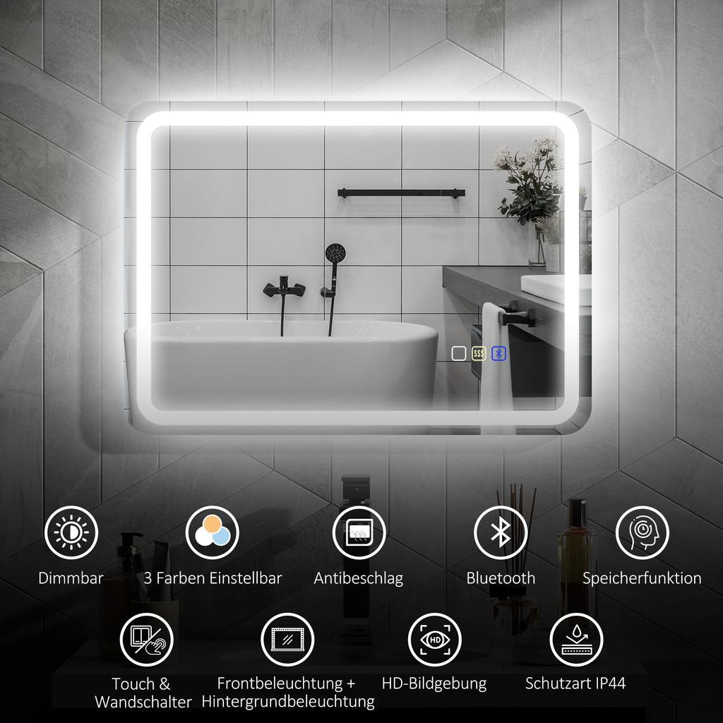 Bathroom Mirror with LED Lighting, Anti-Fog Pad, 3 Adjustable Colors, Silver