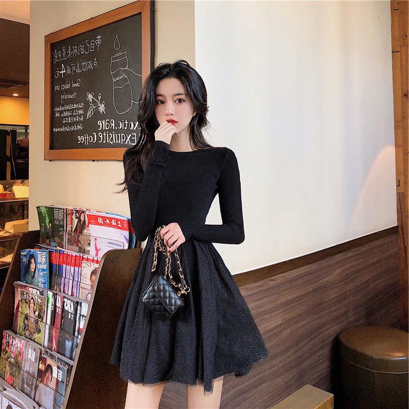 2025 Autumn/Winter Plus Velvet Shiny Waist-Cinched Mesh Dress for Women