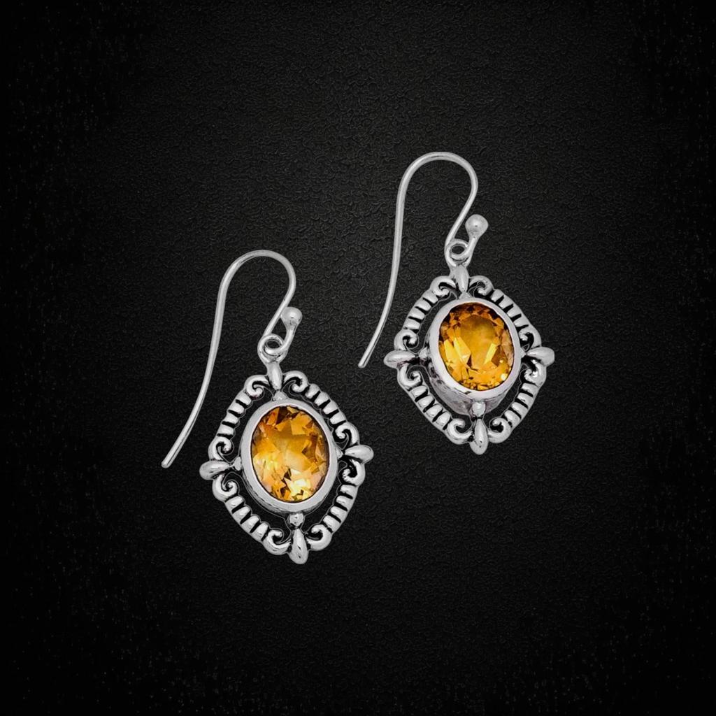 Handmade 925 Sterling Silver Citrine Drop Earrings – Natural Yellow Gemstone Ornate Vintage Dangle Jewelry for Women