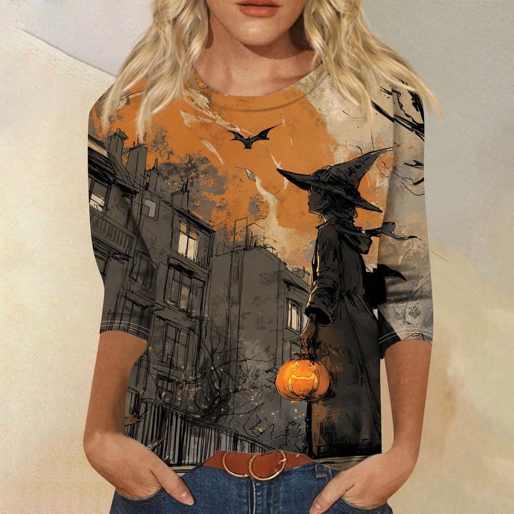 Women's Fashion Casual Round Neck Three-quarter Sleeve Halloween Printed T-shirt Top