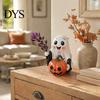 Soft Aesthetic Ghost Sculptures Halloween Decoration, Holding Pumpkin Resin Figurine with Witch Cute Home Party Accents Hat, Spooky Tabletop Decor for