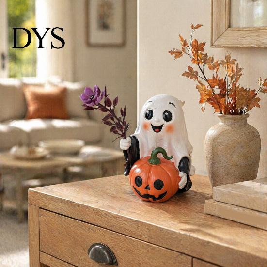 Soft Aesthetic Ghost Sculptures Halloween Decoration, Holding Pumpkin Resin Figurine with Witch Cute Home Party Accents Hat, Spooky Tabletop Decor for
