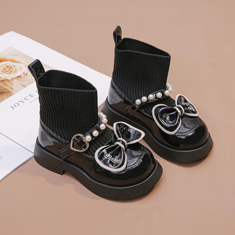 Girls Boots 2025 Autumn and Winter New Short Boots Martin Boots Children's Socks Boots Girls Single Boots Velvet Pearl Princess Shoes